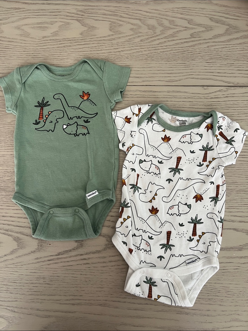 Gerber Dino One-Piece Bodysuit Duo - Sage Green & White